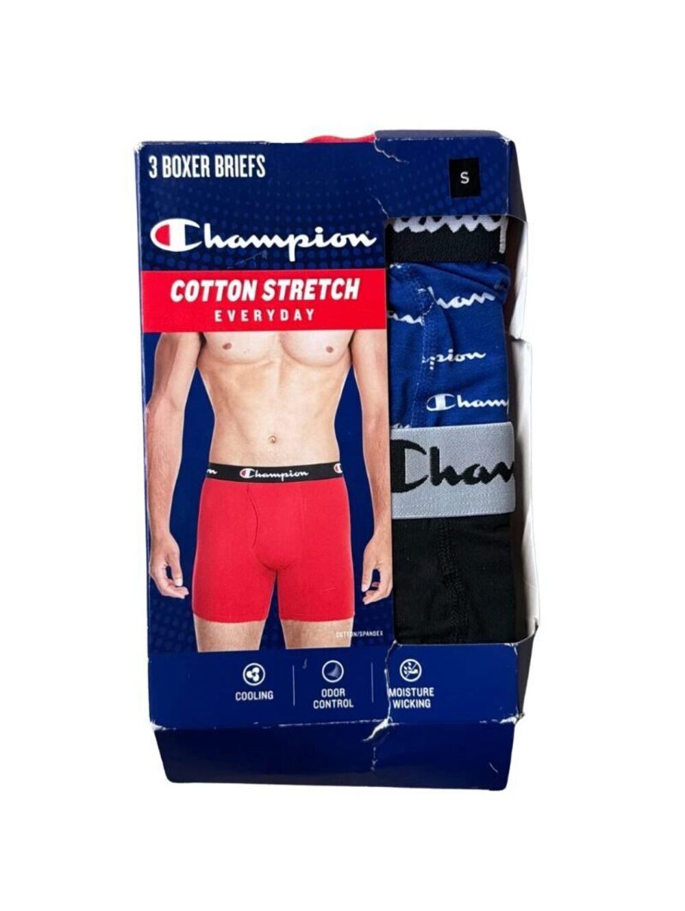 Champion Cotton Stretch Mens Boxer Briefs Size S 28-30 3 Pack New Damaged Box
